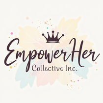 Empower Her Collective Inc. logo with crown, text, and pastel flower background.