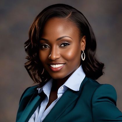 Woman with dark skin wearing a teal blazer and light blue collared shirt, smiling.