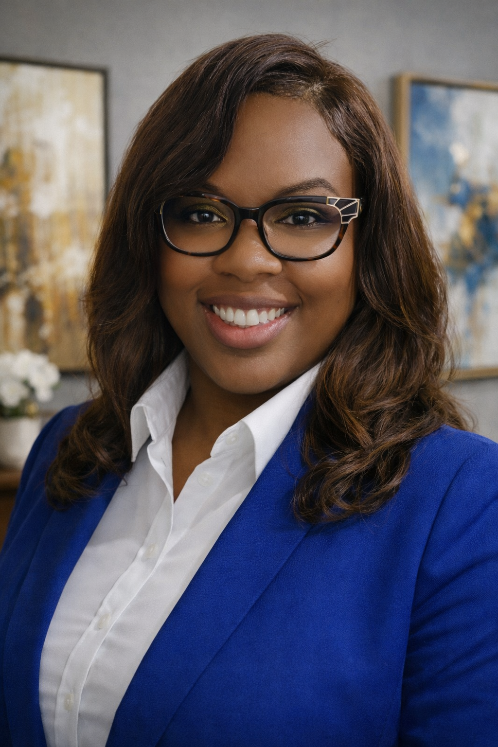 Smiling woman with long, curly brown hair wearing a light purple dress against a white background.