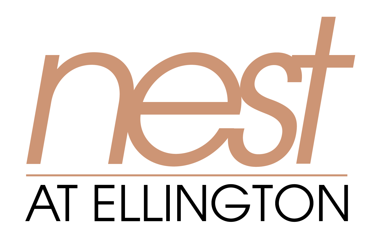 Nest at Ellington logo in tan and black text on a white background