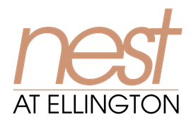 Nest at Ellington logo in tan and black text on a white background