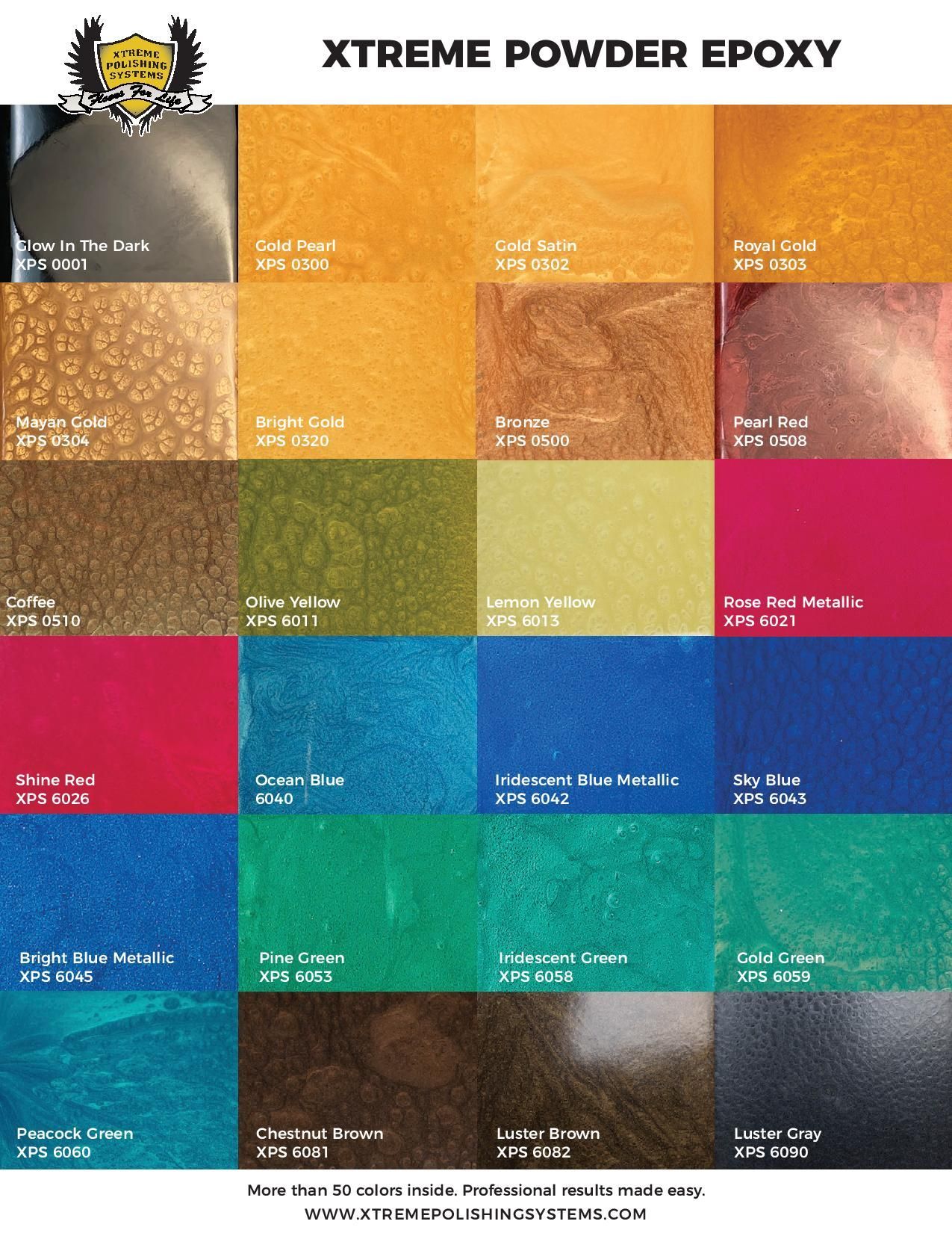 XTREME POWDER EPOXY color chart with 20 textured sample swatches in various colors