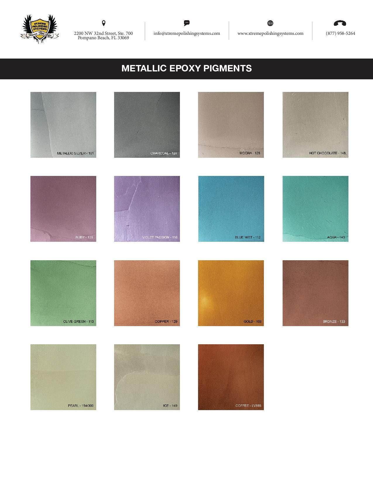 Catalog of metallic epoxy pigment swatches in assorted colors on a white background.