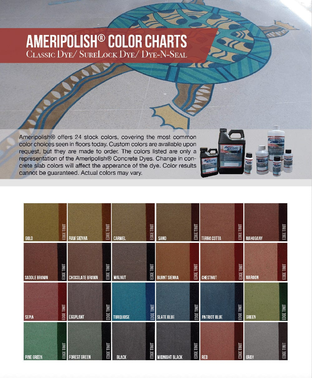Ameripolish color chart with logo, product bottles, and a grid of stain color samples