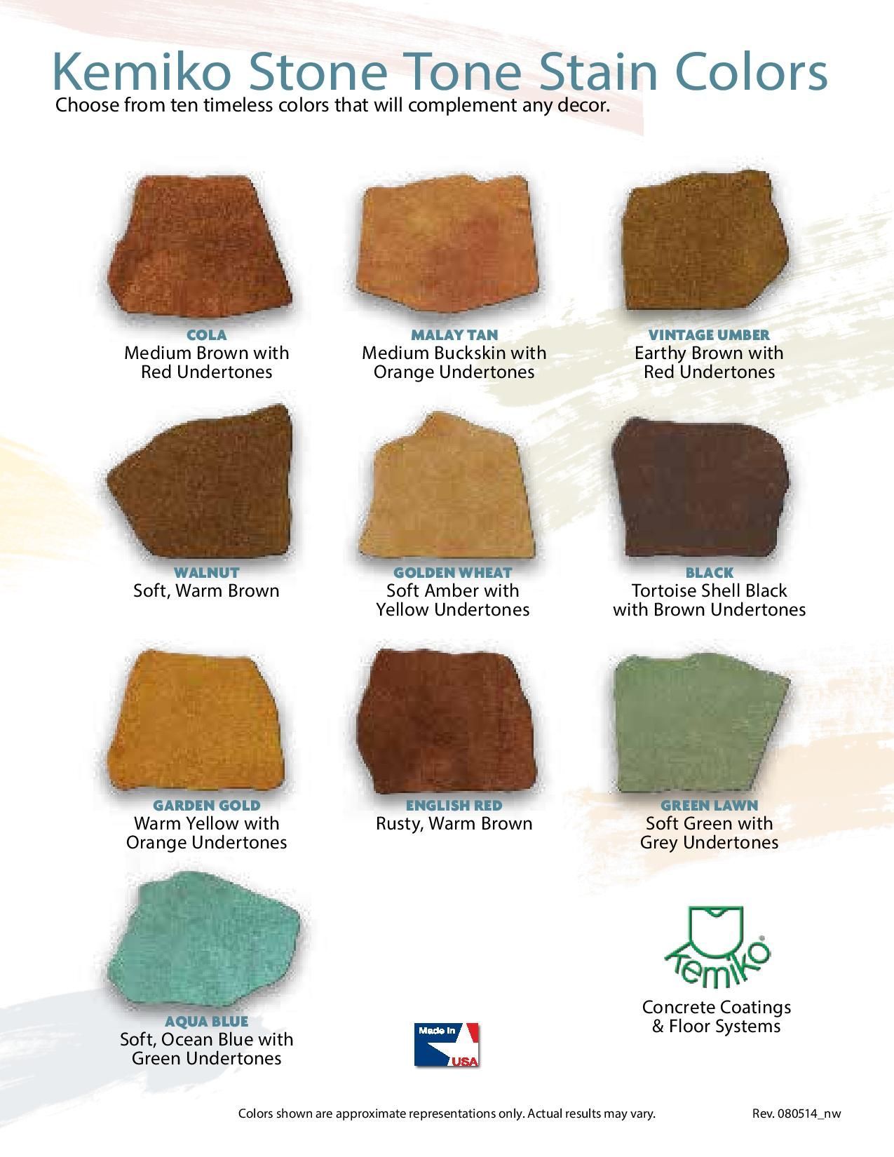 Kemiko Stone Tone Stain color chart showing nine stain samples on white background