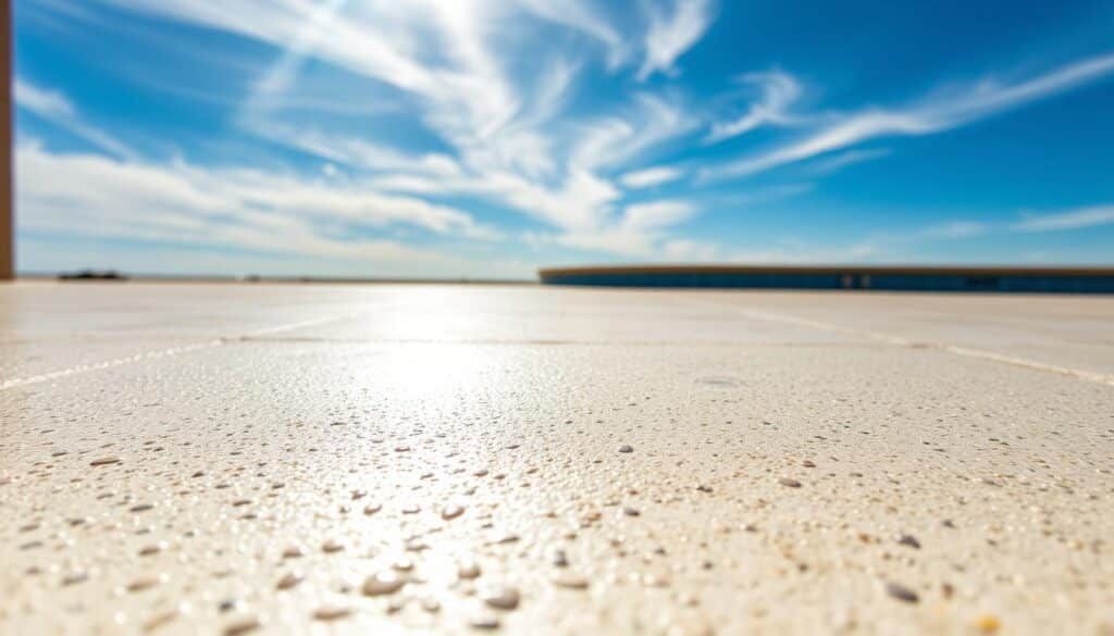 A highly detailed and realistic image of a UV-resistant epoxy deck coating in a hot, sunny outdoor environment. The foreground shows the textured, glossy surface of the coating, with visible brush strokes and a slight sheen. The middle ground depicts the deck's edge, seamlessly transitioning to the surrounding concrete or tiling. In the background, a clear blue sky with wispy clouds, and the sun's rays streaming down, creating a warm, inviting atmosphere. The lighting is natural and directional, casting subtle shadows and highlights to accentuate the coating's durability and weather-resistant properties. The overall scene conveys the advantages of an epoxy pool deck in a hot climate - its resilience, easy maintenance, and aesthetic appeal.