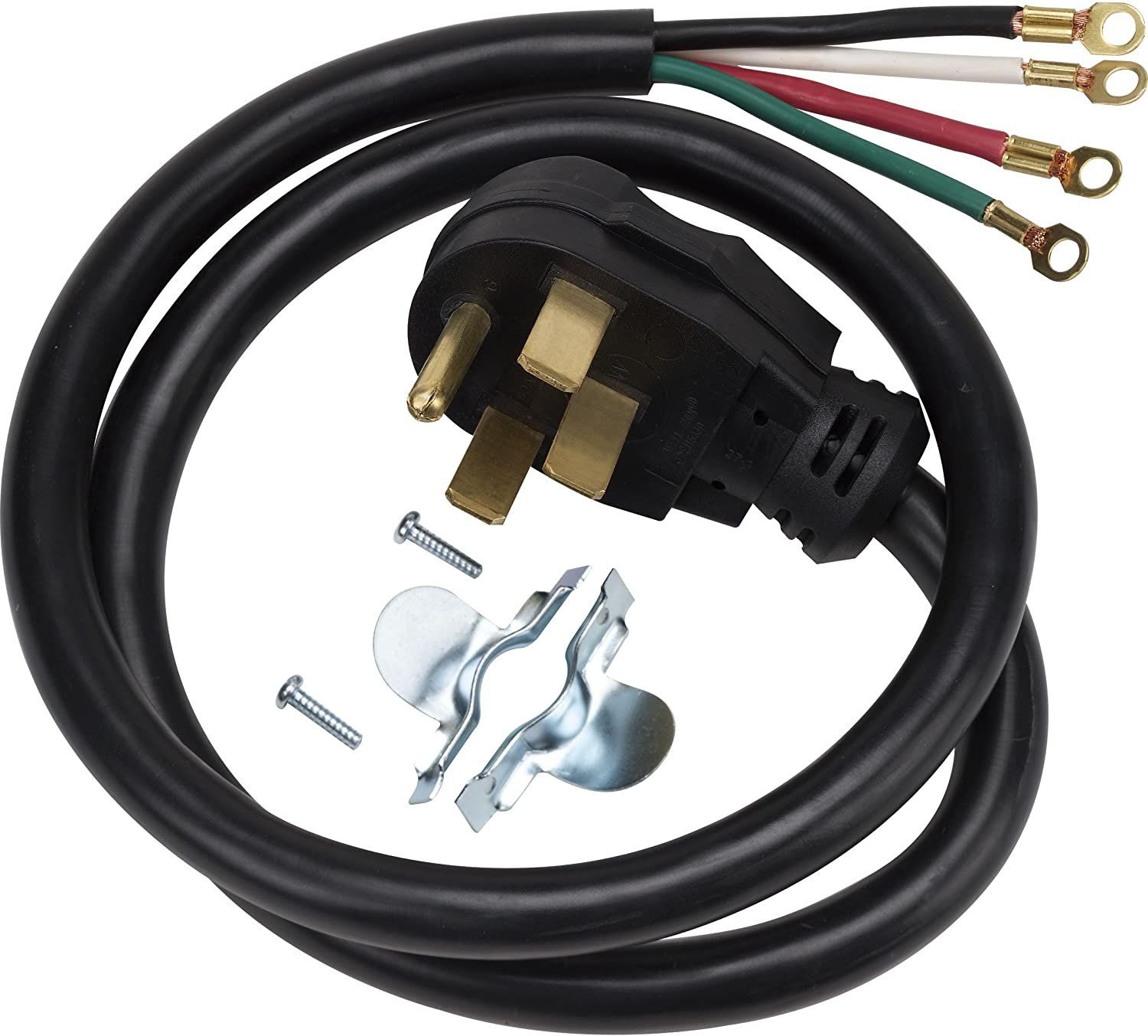 A 4-prong appliance power cord with a black plug, accompanied by a metal strain relief bracket and screws.