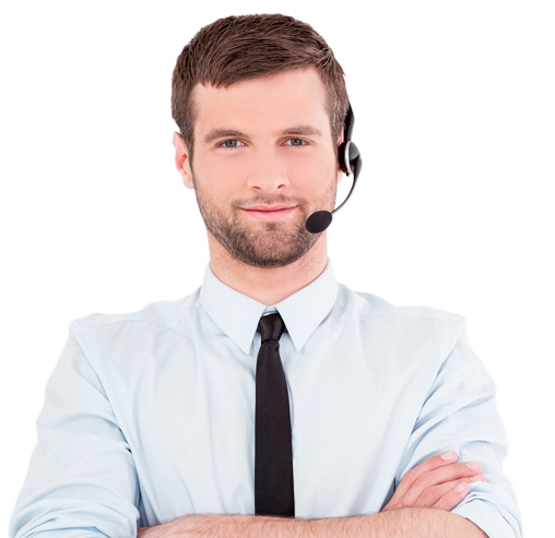 A smiling customer service representative in a light blue shirt and tie wearing a headset, with arms crossed.