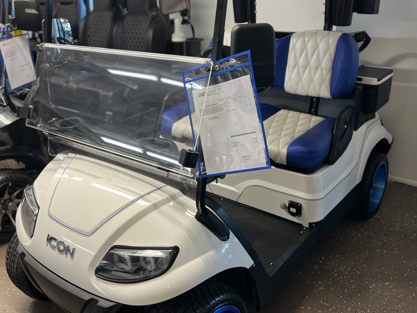 2020 ICON I20 Alpine White Blue/White Seats 2-passenger electric golf cart | Hole In One Golf Carts, Cape Coral, FL
