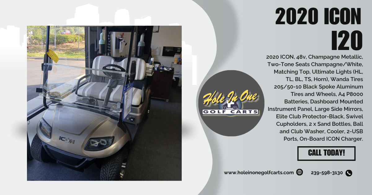 2020 ICON I20 CHAMPAGNE 2-PASSENGER GOLF CART FOR SALE AT HOLE IN ONE GOLF CARTS, NAPLES, FL