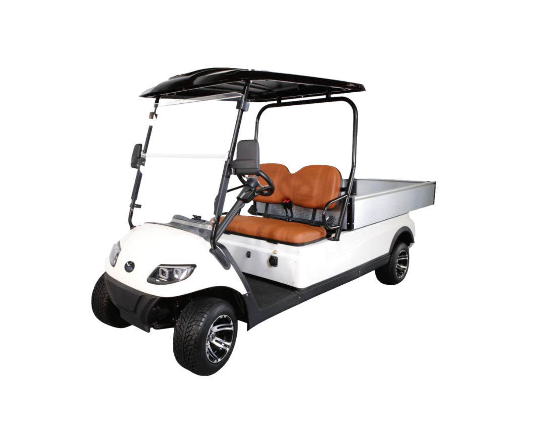 White utility golf cart with 6' hydraulic bed