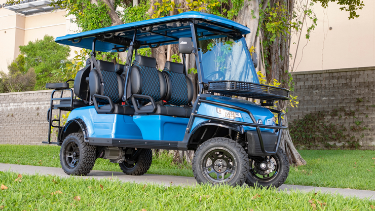 Blue lifted 6-passenger EPIC golf cart