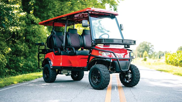 Lifted red 6-seater EPIC Golf Cart
