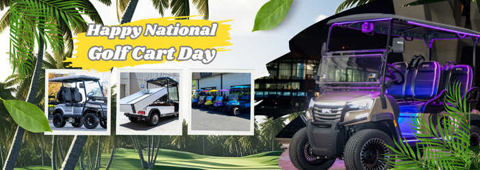 Happy National Golf Cart Day | EPIC E40L Silver, ICON I20U-Heavy Duty Golf Cart, row of ICON golf carts, variety of colors, EPIC FX40 Metallic Cashmere | Hole In One Golf Carts, Naples, FL