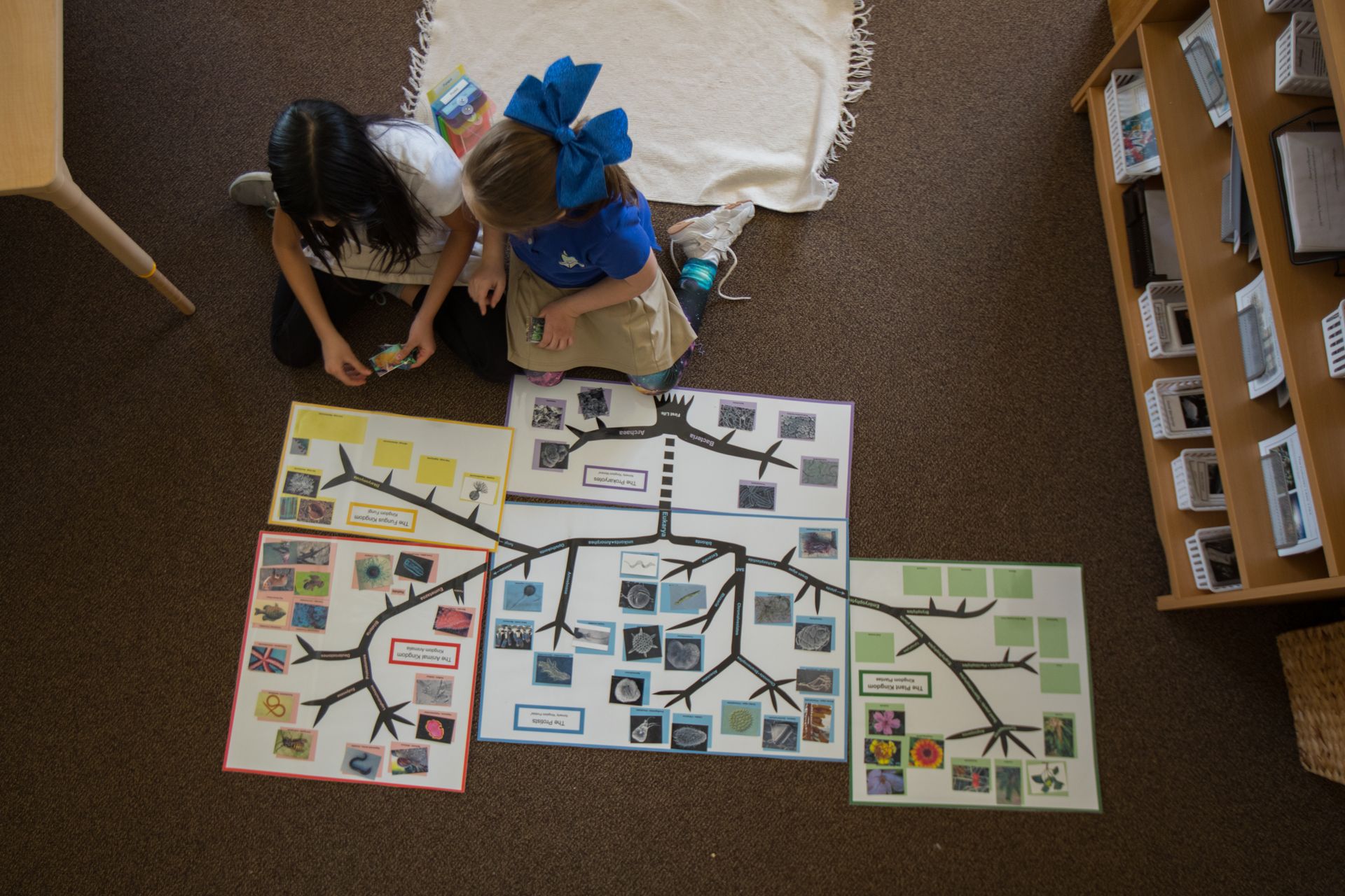 Overhead view of two children working on a large floor map with colorful cards and markers in a classroom