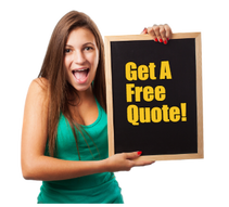 A woman is holding a sign that says get a free quote