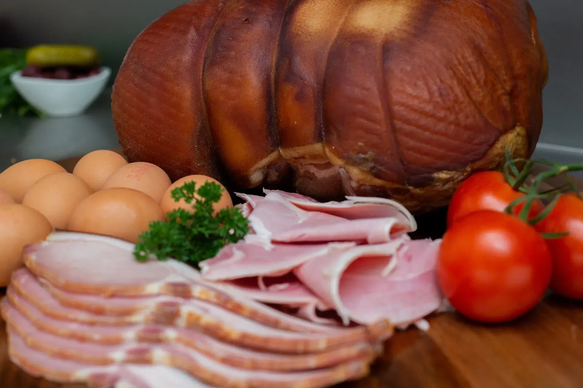 Display of a Smoked Ham, Sliced Ham, Eggs, Tomatoes — Lighthouse Meat & Poultry In Port Macquarie, NSW