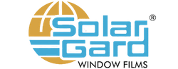 The solar gard window films logo is blue and yellow.