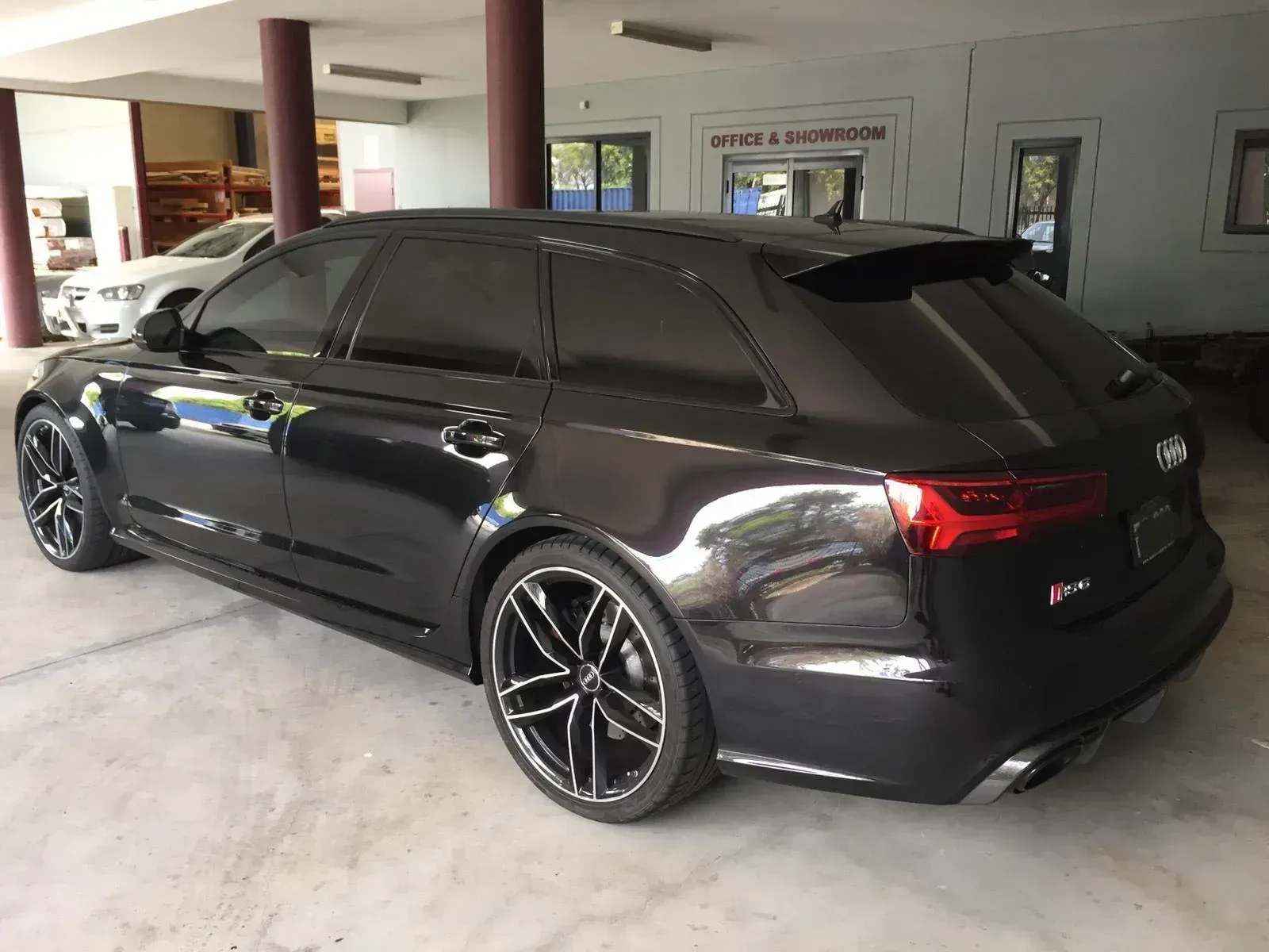 audi wagon getting tinted in customers garage.