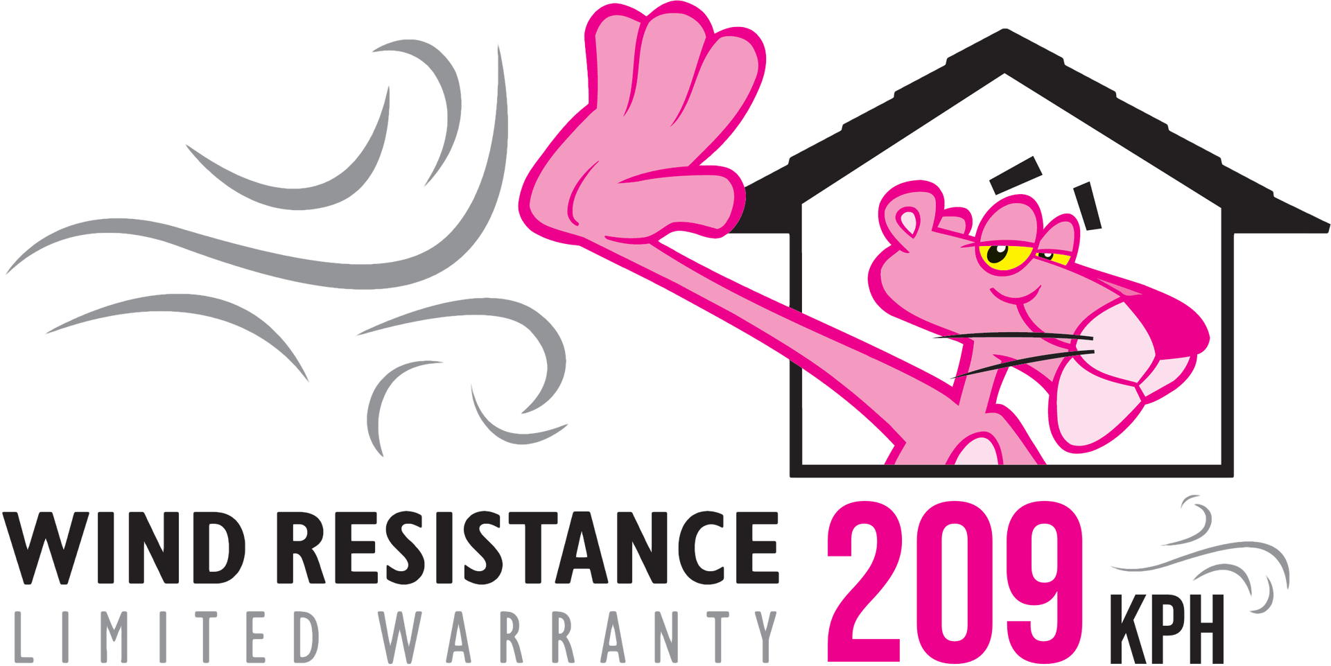 Owens Corning's Pink Panther Holding back wind. Showcasing residential asphalt roof shingle wind warranty coverage written at bottom