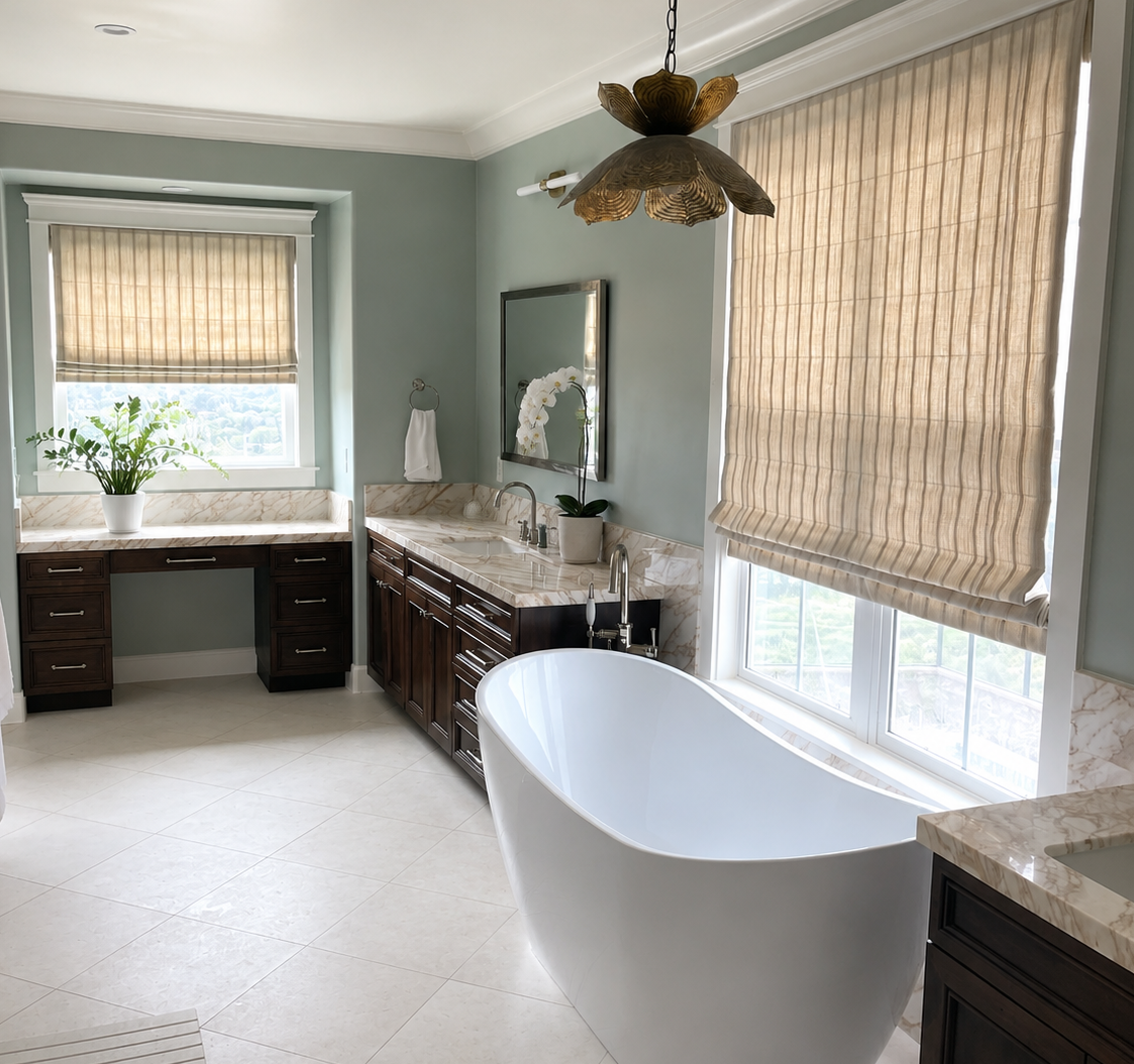 Custom flat striped roman shades for Carlsbad home remodel