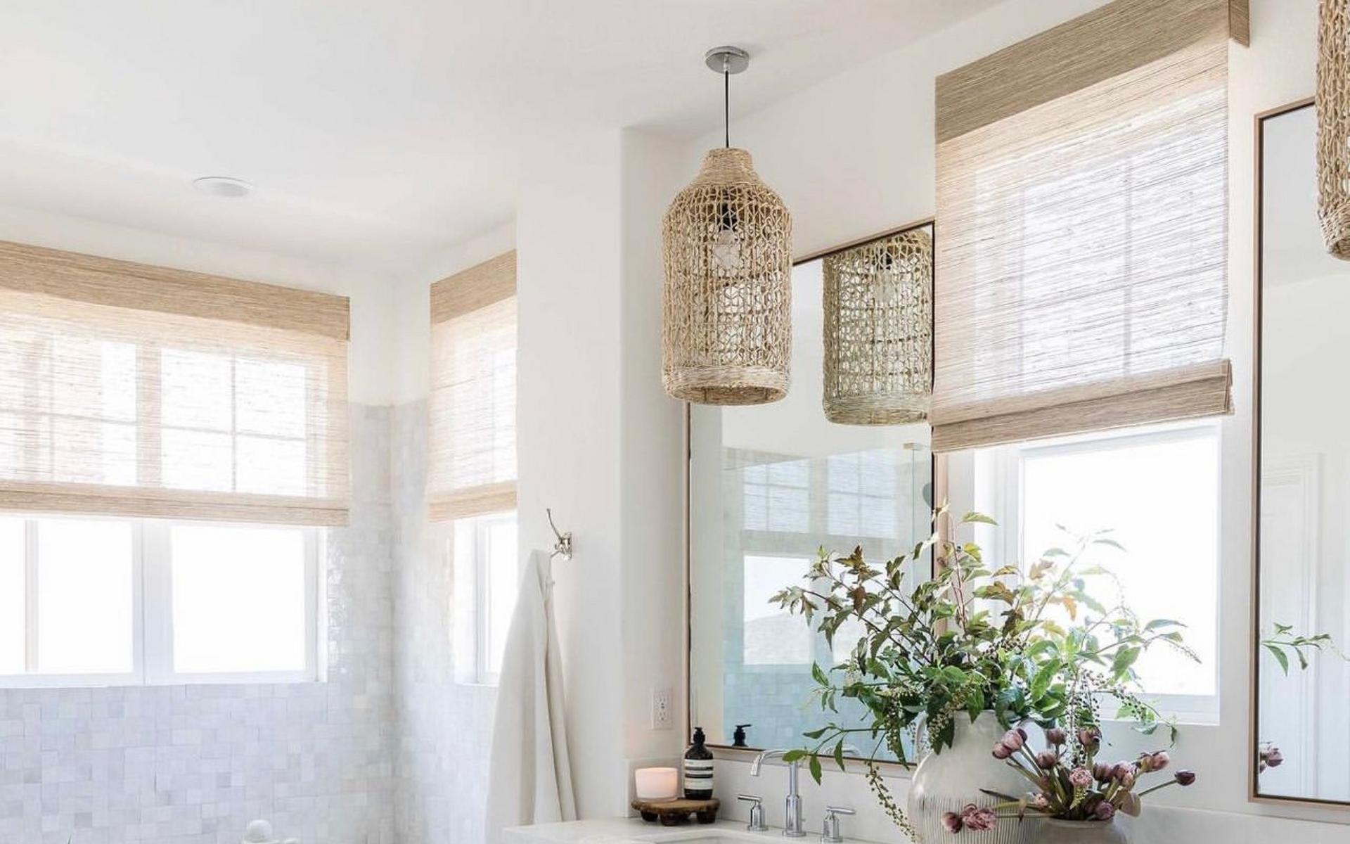 woven wood shades in bathroom