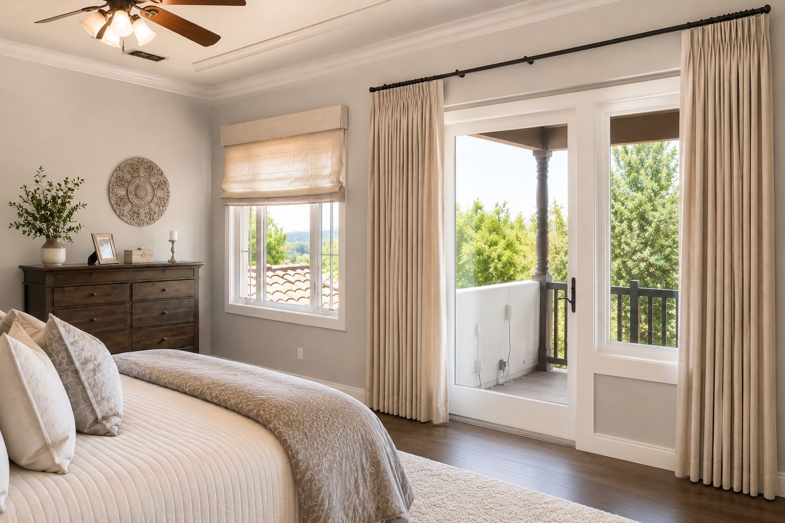 motorized roman shades and drapery for primary bedroom update in 4s ranch, rancho bernardo, ca