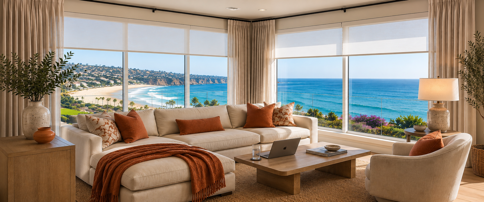motorized roller shades in ocean view living room, la jolla, ca