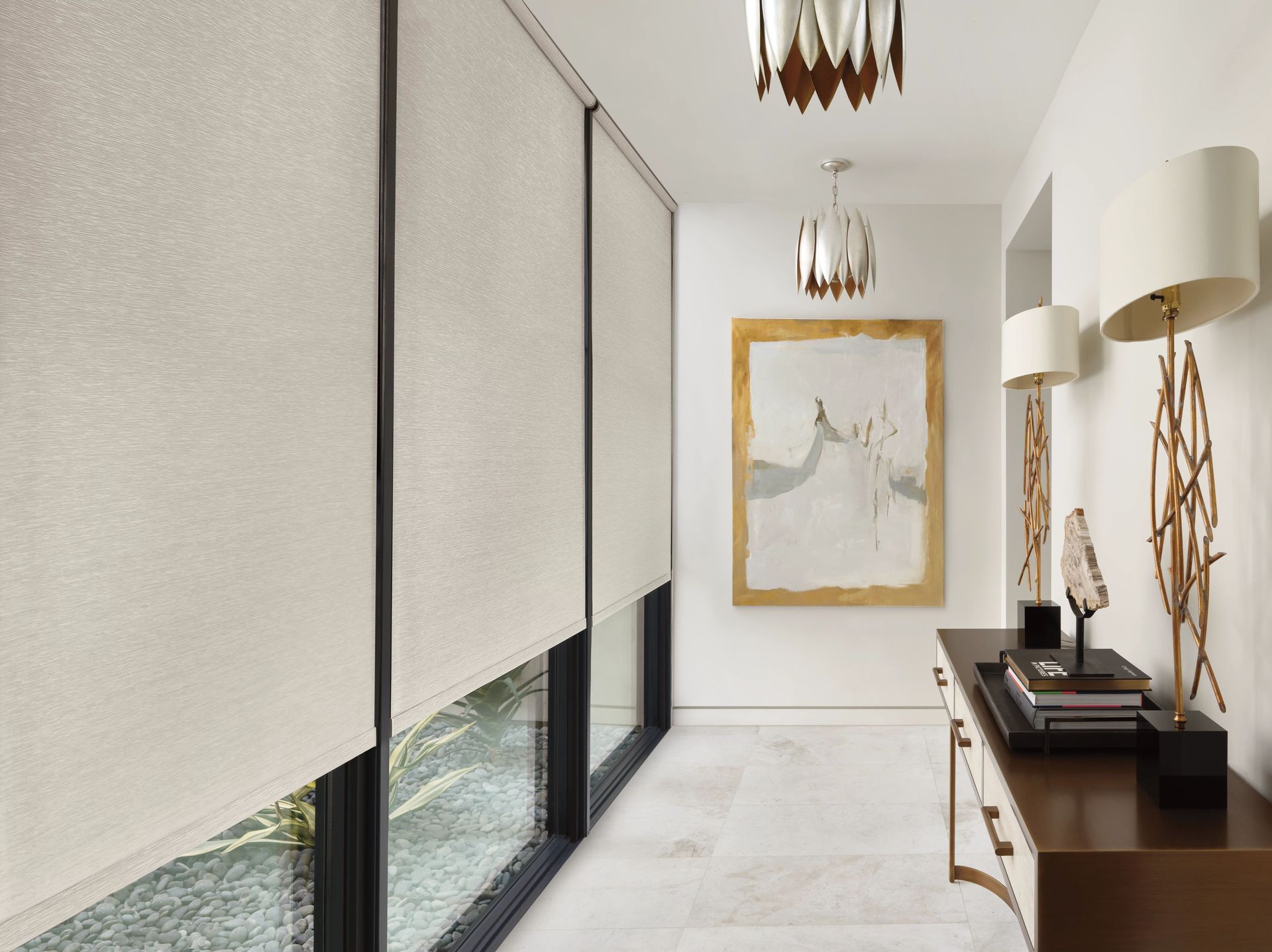 Motorized Roller shades on large windows with designer art