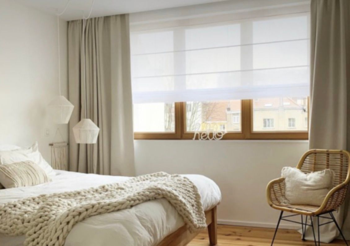 White Classic Flat roman Shades and drapery in bedroom, Encinitas, CA