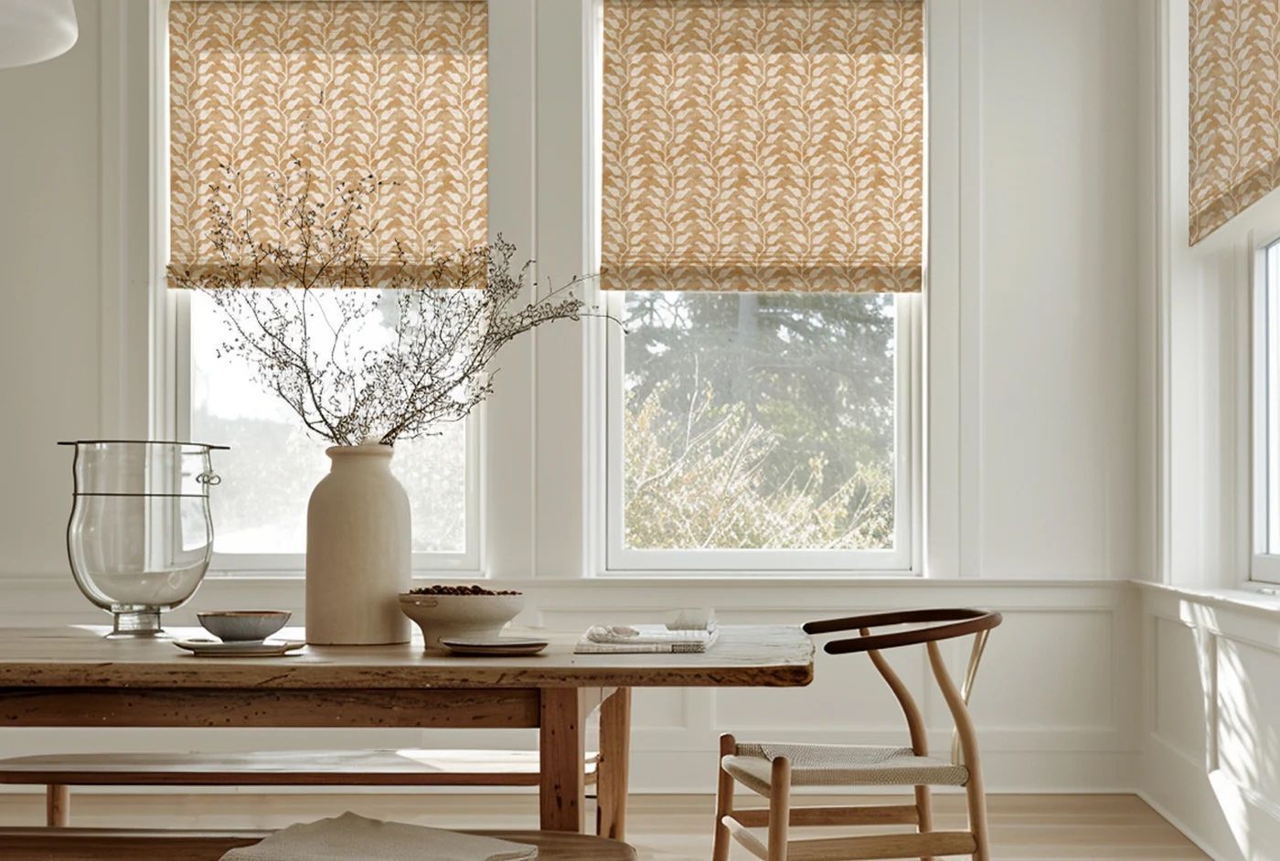 A  dining area with custom roman shades, Susan connor NY fabrics.