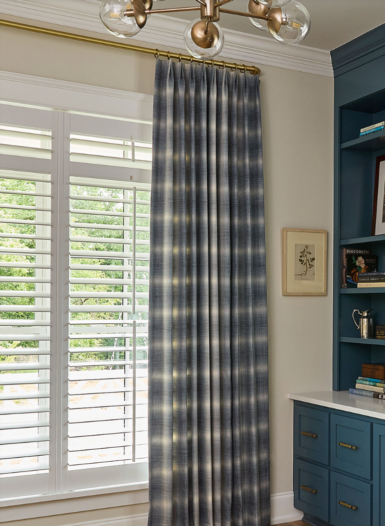 Custom Inverted Pleat Drapes in a  Blue Patterned Fabric