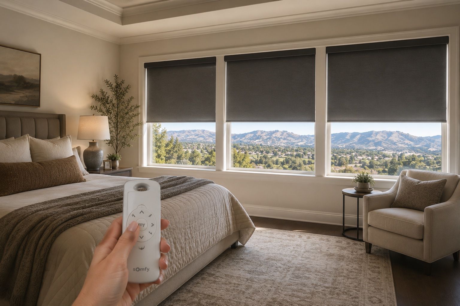 Somfy Motorized Blackout Roller Shades in primary bedroom, Carlsbad, CA
