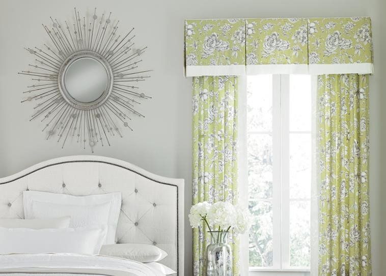 green valance and draperies in bedroom