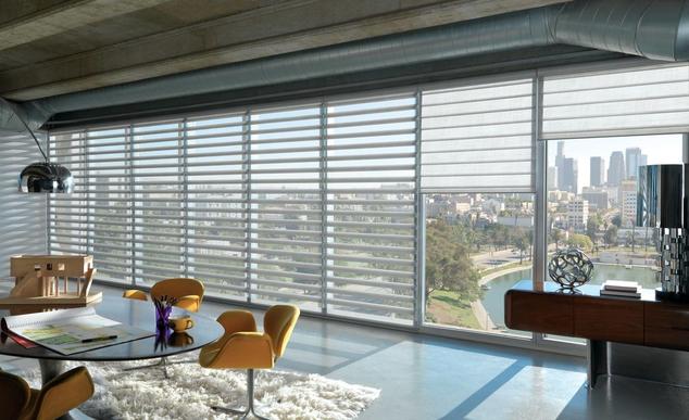 Hunter Douglas Pirouette Shadings in dining room windows