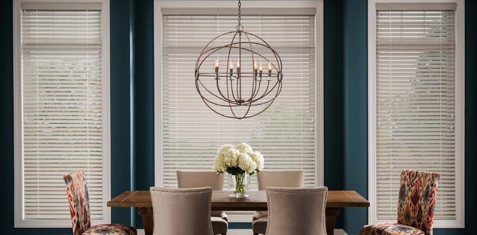 White Window Coverings in dining room