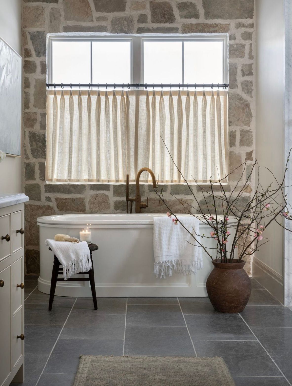 beautiful striped cafe curtains in bathroom window