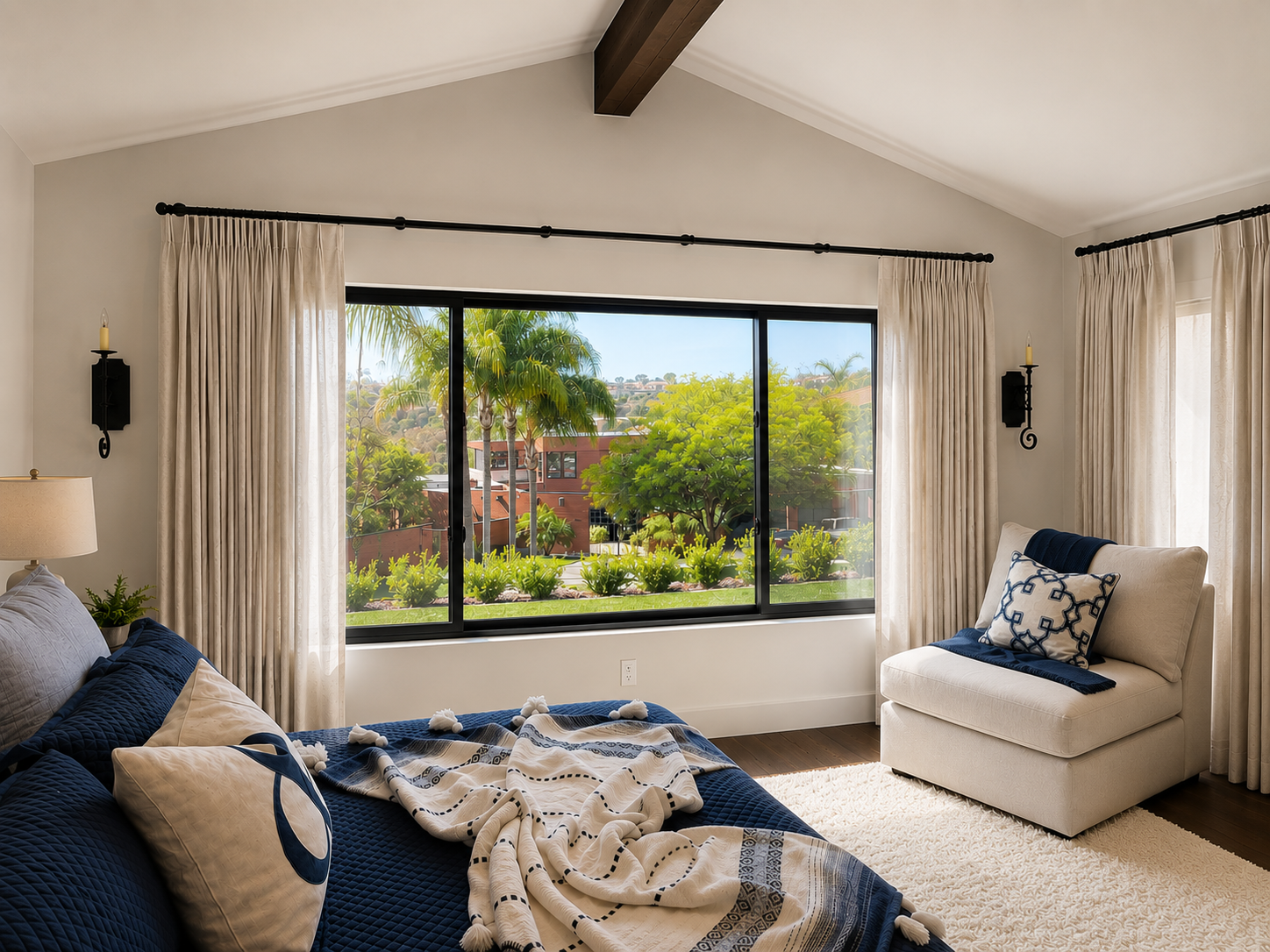 Inverted pleat drapery in primary bedroom, Carlsbad, CA