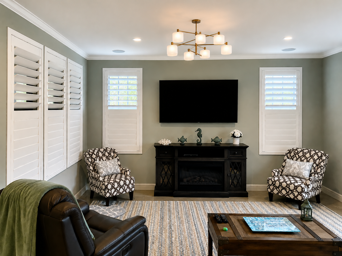 Plantation shutters with split tilt in Carlsbad living room 