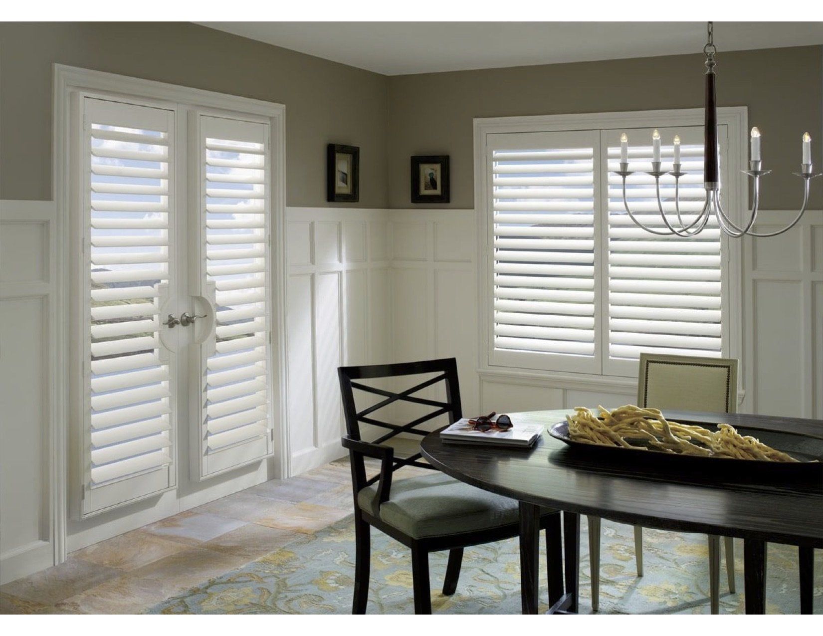 Plantation Shutters in dining room windows.