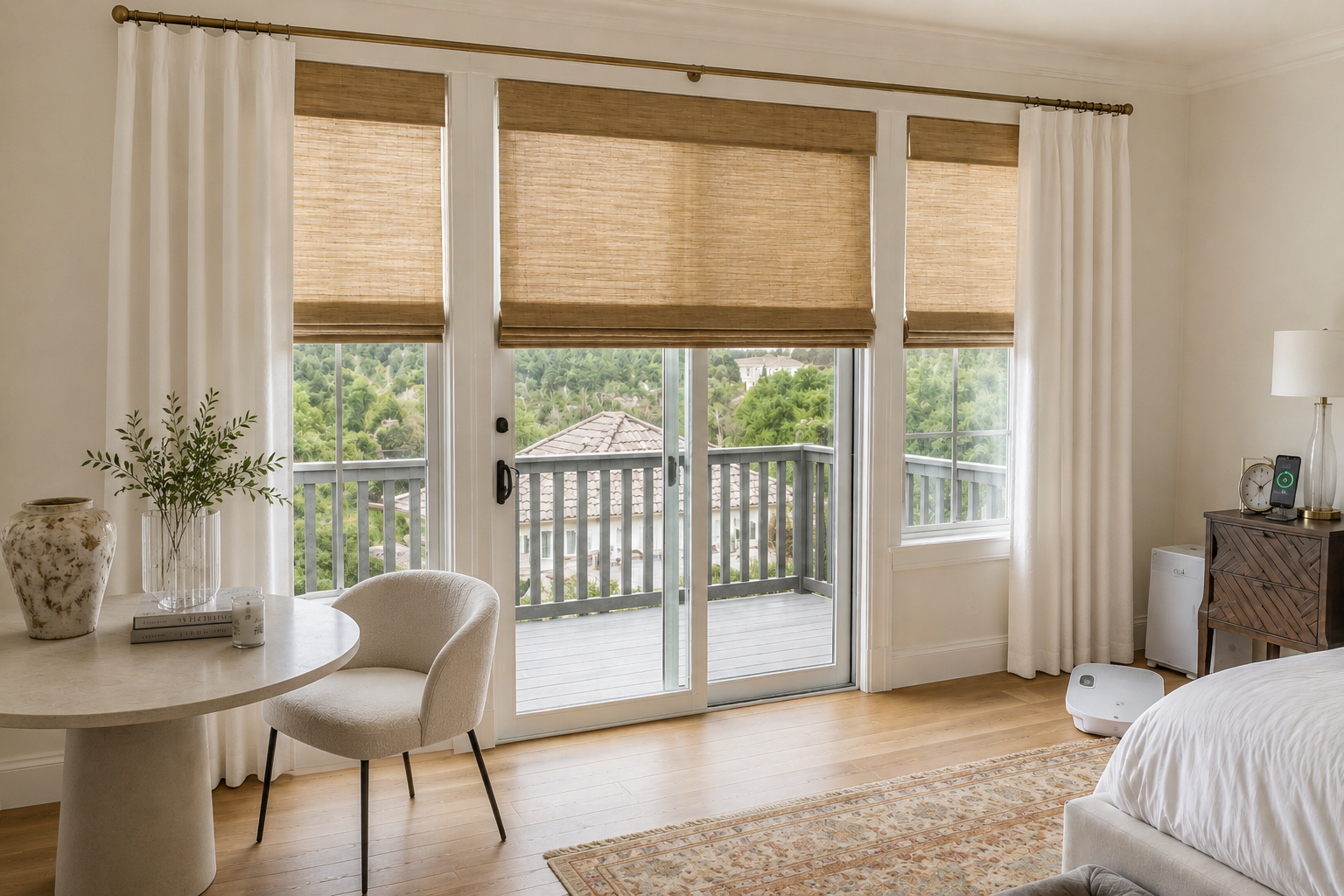 Hunter Douglas Provenance Woven Shades in Carlsbad, CA with white drapes