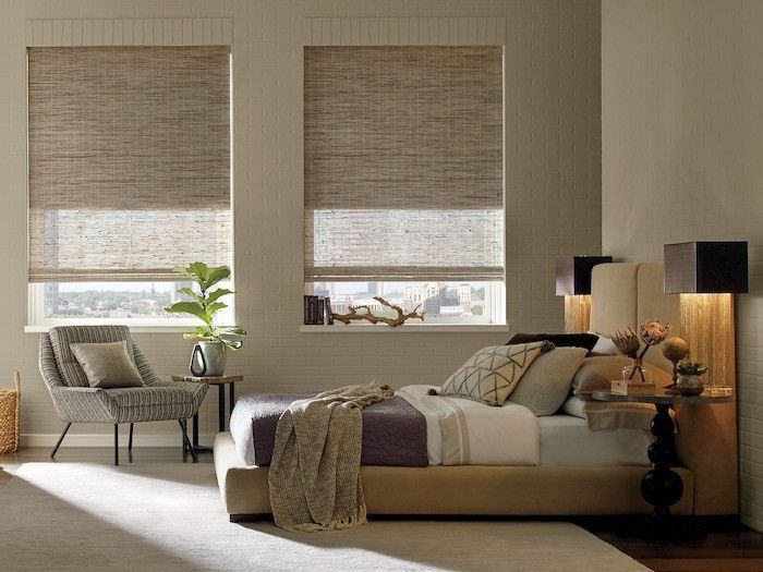 Hunter Douglas woven shades color brown with duolite blackout shade option.