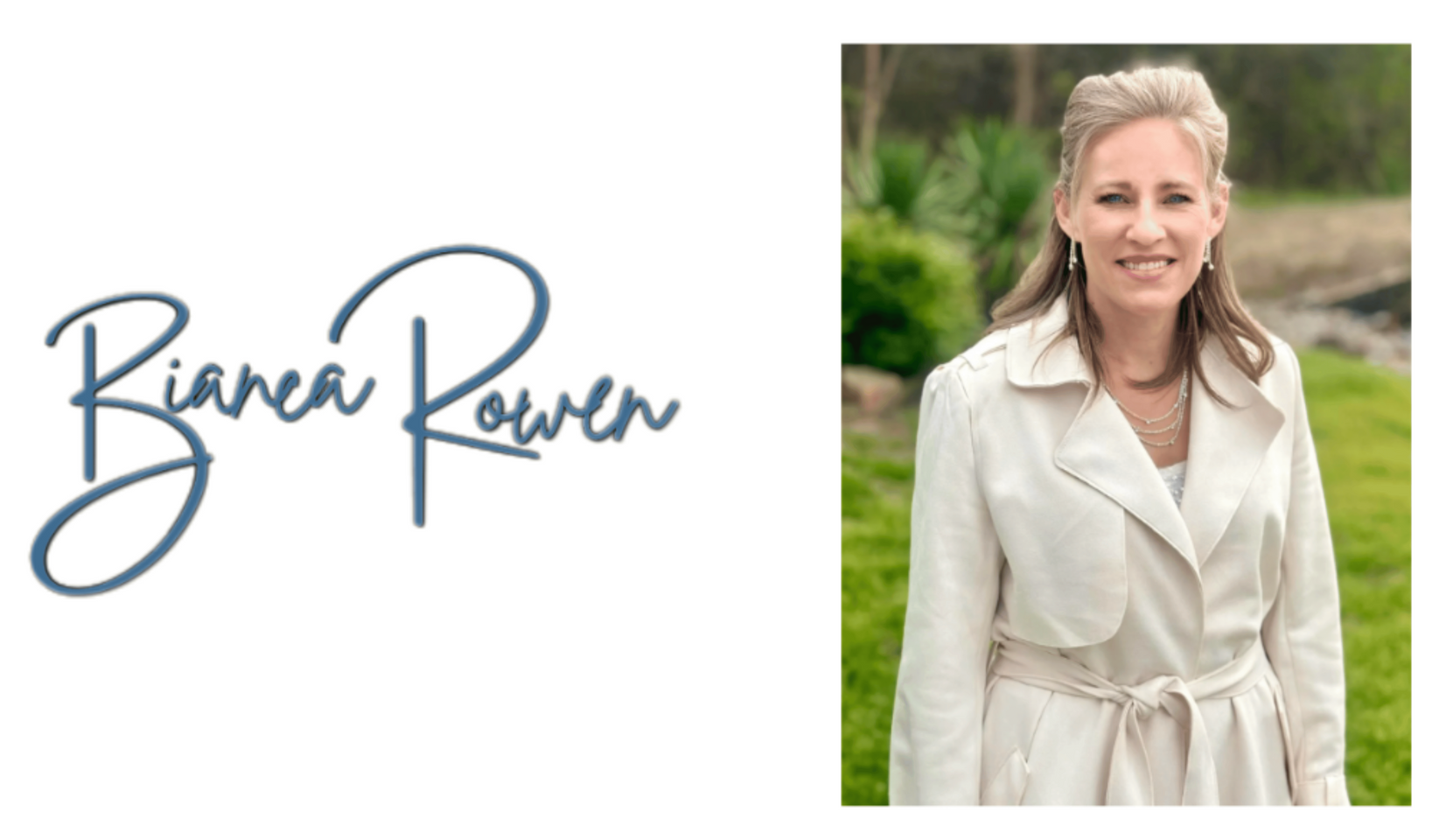 A woman in a white coat is standing in front of a sign that says bianca rowen.