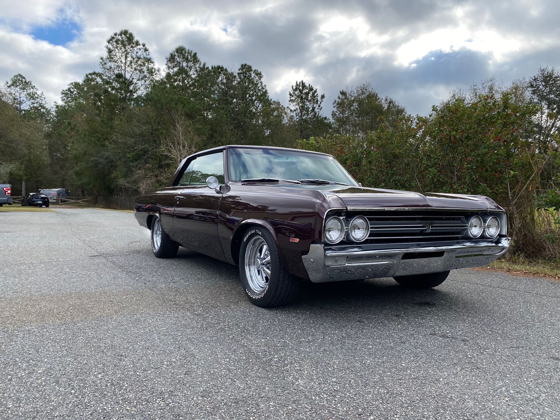 A dark metallic brown vintage muscle car parked on a gravel surface against a backdrop of trees and a cloudy sky.