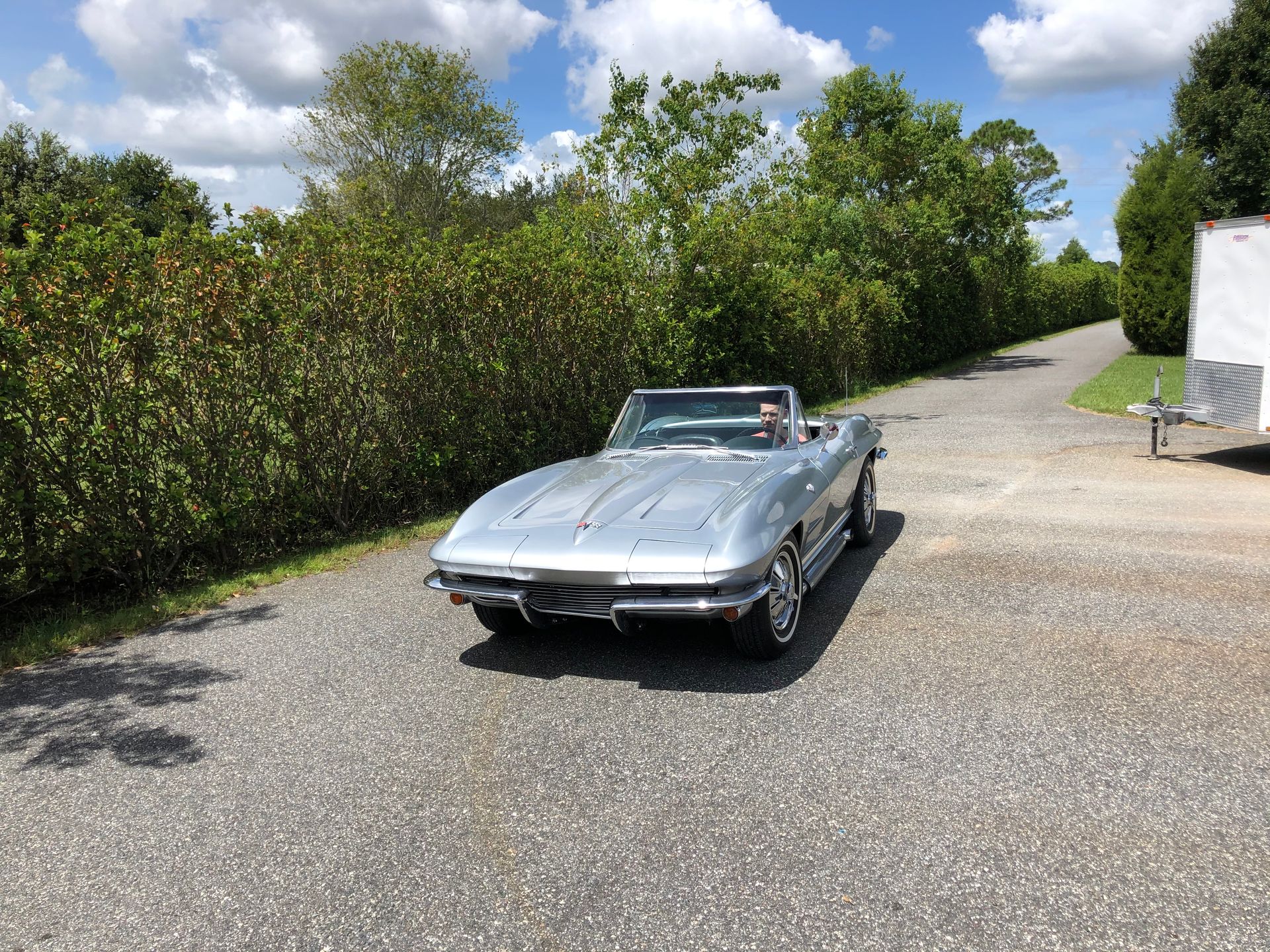 A silver convertible classic Chevrolet Corvette parked on a gravel driveway next to a tall green hedge.