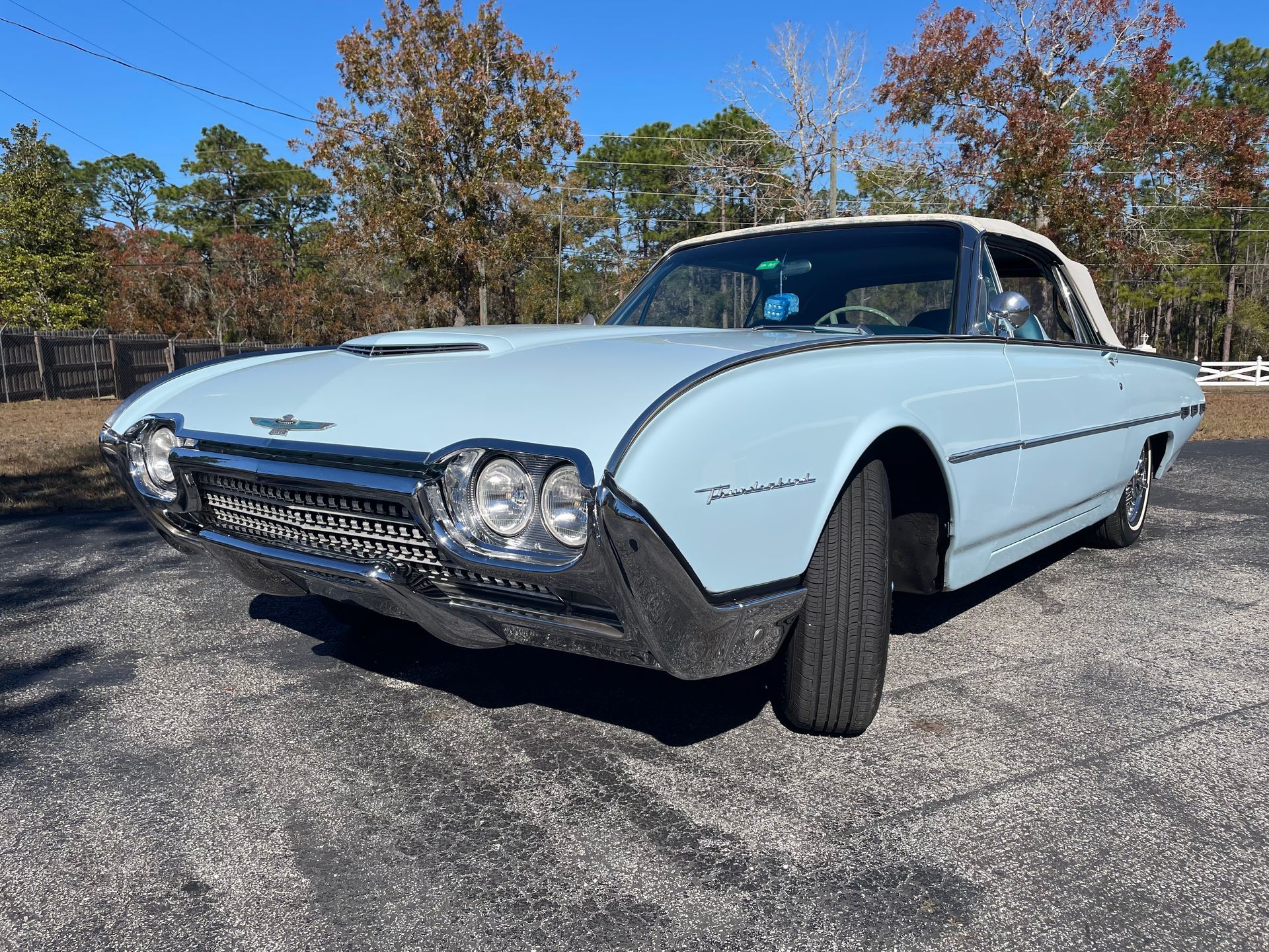 A light blue vintage Ford Thunderbird convertible parked outdoors on a sunny day.