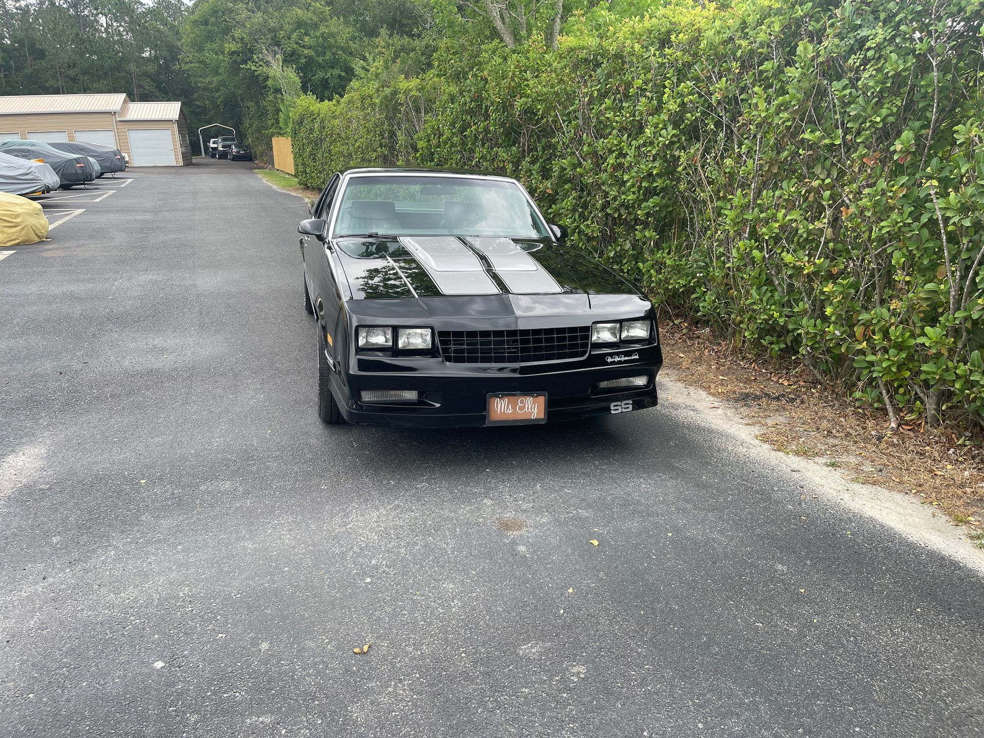 A black Chevrolet Monte Carlo SS with silver racing stripes parked on a gravel lot next to a green hedge.