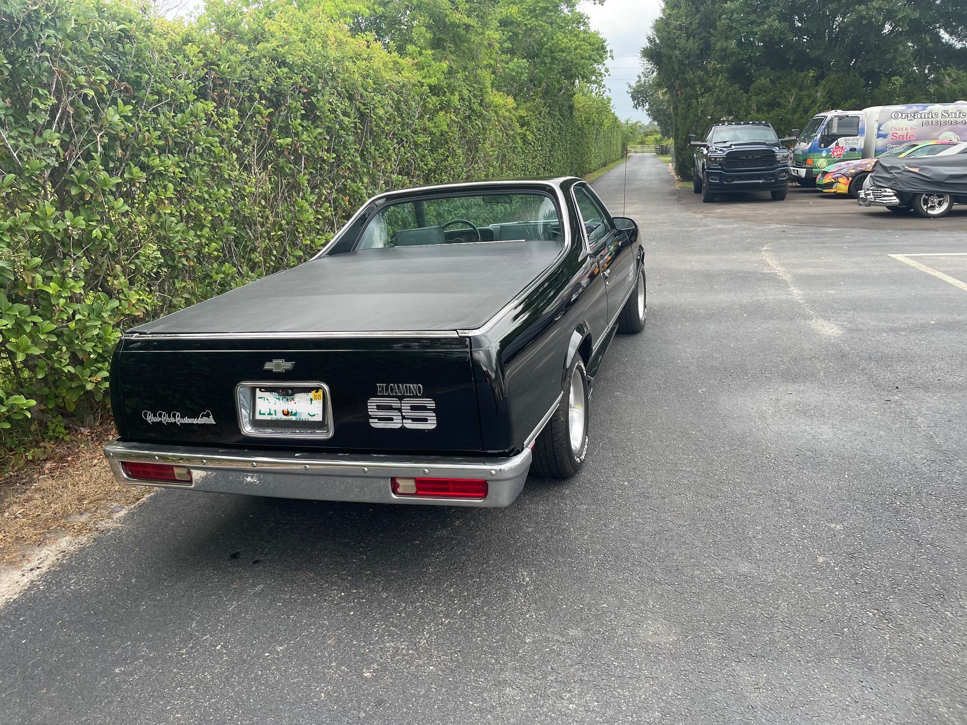A black Chevrolet El Camino SS parked on a paved lot next to a green hedge, with other cars visible in the background.