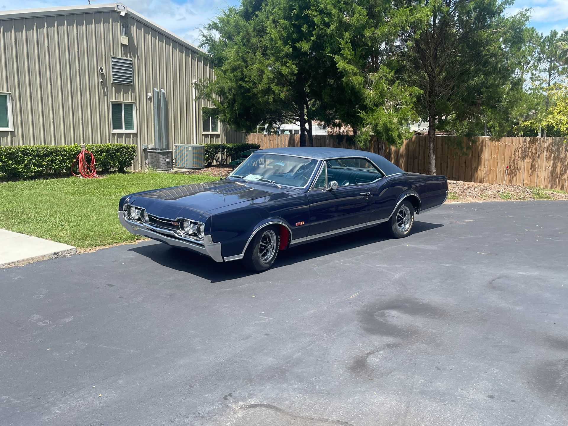 A dark blue vintage Oldsmobile Cutlass parked on an asphalt lot in front of a metal building and green bushes.
