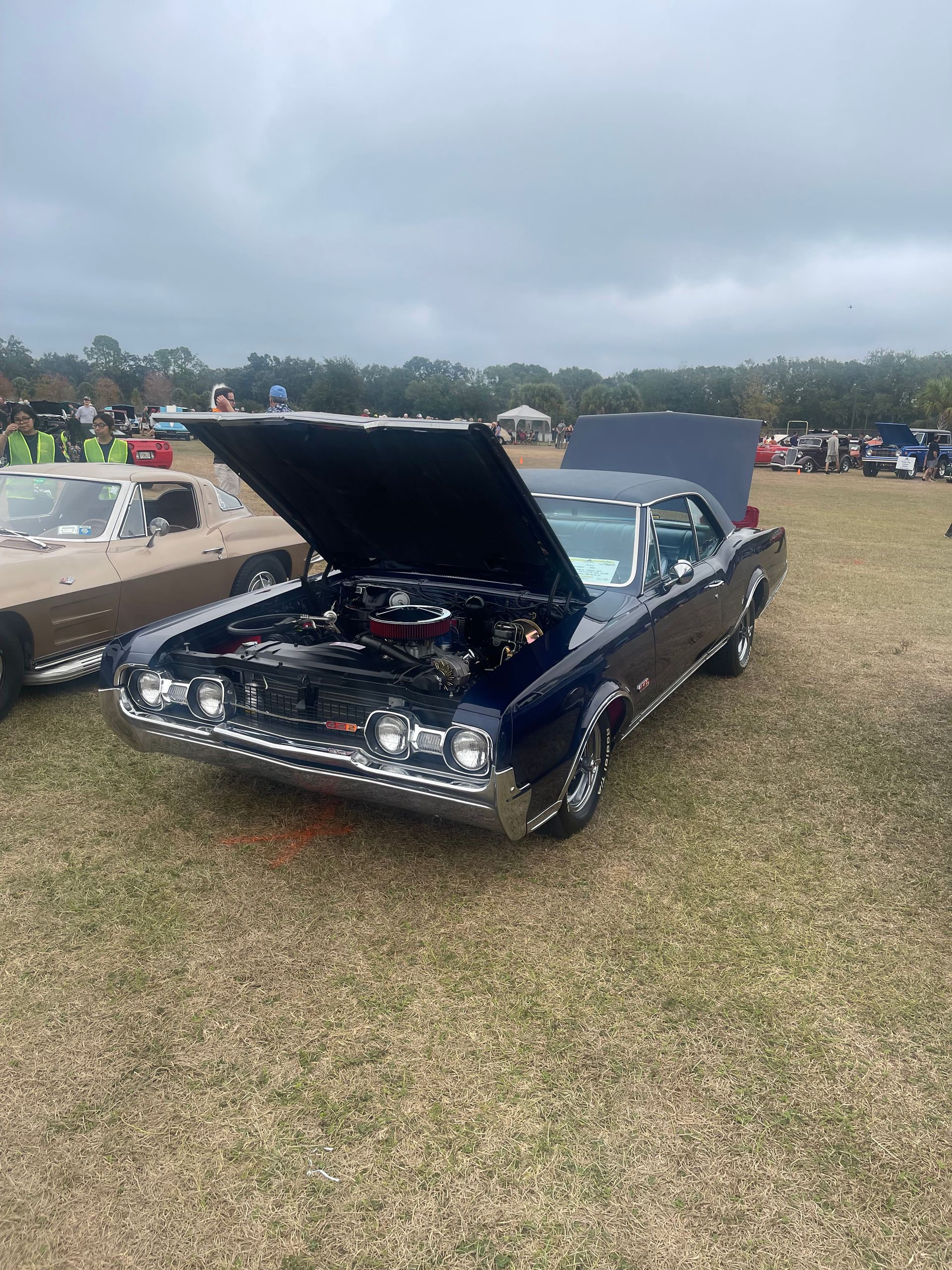 A dark blue vintage Mercury Cougar with its hood open, parked on a grassy field at a car show.